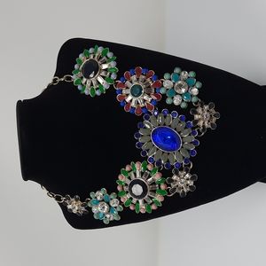 J Crew Necklace Multicolor Crystal Rhinestone Floral Bib Statement Asymmetrical